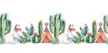 Lovely repeat border with green watercolor cactus,succulents,flowers,teepee and cute llama Royalty Free Stock Photo