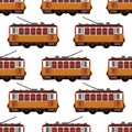 Lovely retro vector detailed tram car, side view, isolated, seamless.