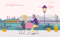 Lovely romantic date in cafe, couple sitting restaurant terrace, cozy place pair meeting flat vector illustration