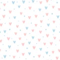 Lovely romantic seamless pattern. Repeated hearts and round dots. Drawn by hand.