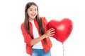 Lovely romantic teenage girl hold red heart balloon, symbol of love for valentines day isolated on white background Royalty Free Stock Photo