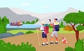 Lovely romantic touristic couple pedestrian walk outdoor travel, female male with dog trip boat flat vector illustration