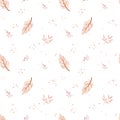 Lovely seamless pattern in boho style. Pink feathers and floral elements on the whitebackground. Tribal feather cartoon Royalty Free Stock Photo