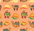 Lovely seamless pattern with camels, desert and hills in tribal style