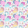 Lovely seamless pattern with cute unicorns, rainbow, clouds Royalty Free Stock Photo