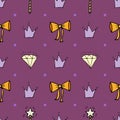 Lovely seamless pattern with hand-drawn bows, crowns, and diamond