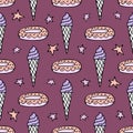 Lovely seamless pattern with hand-drawn donuts, ice cream