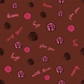 Lovely seamless pattern for Valentine`s Day. Chocolate, candies, sweet, lettering.
