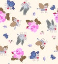 Lovely seamless pattern with winged tabby kittens, little flying birds and huge pink roses on light beige background Royalty Free Stock Photo