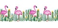 Lovely seamless repeat border with green watercolor cactus,succulents,flowers and pink flamingos