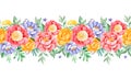 Lovely seamless repeat border with peony,rose,leaves,flowers,branches and berries Royalty Free Stock Photo