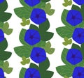 Lovely seamless repeat pattern of indigo flowers and green leaves. Bandweed surface design for textile and paper