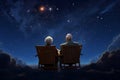 Lovely senior couple sitting in lounge chairs stargazing under starry sky. Hobbies and leisure for elderly people