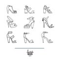 Lovely set with stylish fashion shoes, hand drawn and isolated on white background. Vector illustration showing various stiletto