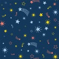 Lovely shooting stars meteor shower vector seamless pattern. Royalty Free Stock Photo