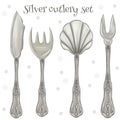 Silver fish fork, fish knife, sugar spoon, lemon fork