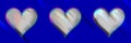 Lovely silver grey gradient effect three hearts on rich blue shiny background with glitch effect, love passion panoramic