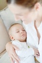 Lovely sleeping baby after breast feeding in mothers arms