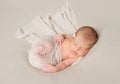 Lovely sleeping infant wrapped in gray warm diaper