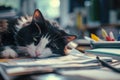 Lovely sleepy cat lying on a desktop Royalty Free Stock Photo