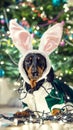 Lovely small dog breed dachshund with hare ears and green jacket, entangled in the garland on a background festive jewelry Christm