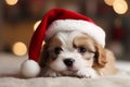 Lovely small puppy in Santa Claus Christmas red hat lying on background with bokeh Royalty Free Stock Photo