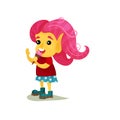 Lovely smiling girl troll with pink hair, funny fairy tale character vector Illustrations on a white background