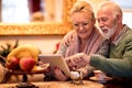 Lovely smiling senior couple having fun while using tablet Royalty Free Stock Photo