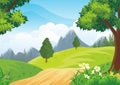 Lovely Spring landscape background with cartoon style