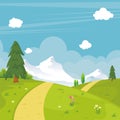 Lovely Spring landscape background with cartoon style