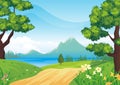 Lovely Spring landscape background with cartoon style