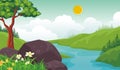 Lovely Spring landscape background with cartoon style