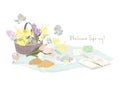 Lovely Spring Picnic Scene with Croissant, Flowers and Macarons