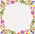 Lovely springtime flowers background with colorful blossom, top view, frame. Springtime nature concept, frame place for text