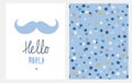 Sweet Baby Shower Vector Card and Pattern.Blue Moustache and Hendwritten Hello World Isolated on a White Background.