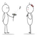 Lovely stickman and woman isolated on white background. Man is giving a bouquet and flower chamomile with flying petal. BEginning