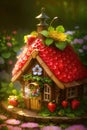 Lovely strawberry fantasy cottage in the garden many flowers, cute illustration. Generative Ai