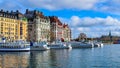 Lovely street view in Stockholm, Sweden. Boats and old beautiful buildings.