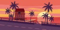 Lovely sunset, sea, road, trees, house Royalty Free Stock Photo