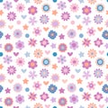 Lovely sweet seamless texture with flowers, hearts, stars. Cute childishs seamless pattern in pastel colors