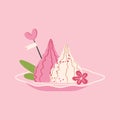 Lovely sweets and dessert with flower and heart sprinkles. Valentines day cute card pink meringue vector illustration