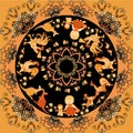 Lovely tablecloth, bandana print or pillowcase with cute cartoon animals and round ornament. Rooster, chicken, kangaroo, cat