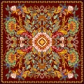 Lovely tablecloth ethnic indian flowers. Beautiful vector ornament. Card, bandana print, kerchief design, napkin. Bright