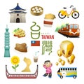 Lovely Taiwan landmarks and snacks map in flat style