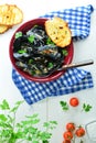 Mussel Soup in Olive Oil and White Wine with Toasted Bread Royalty Free Stock Photo