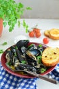 Mussel Soup in Olive Oil and White Wine with Toasted Bread Royalty Free Stock Photo