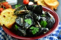 Mussel Soup in Olive Oil and White Wine with Toasted Bread Royalty Free Stock Photo