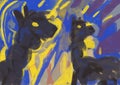 Lovely two alpaca with illumination color and energy with yellow and blue, concept art, grunge art and graffiti painting.