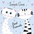 Lovely two cats with text sweet love on blue background. Royalty Free Stock Photo