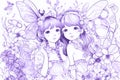 Lovely two little fairy girls lines pattern with flowers, leaves, butterflies. Line art magic violet ink watercolor floral vector